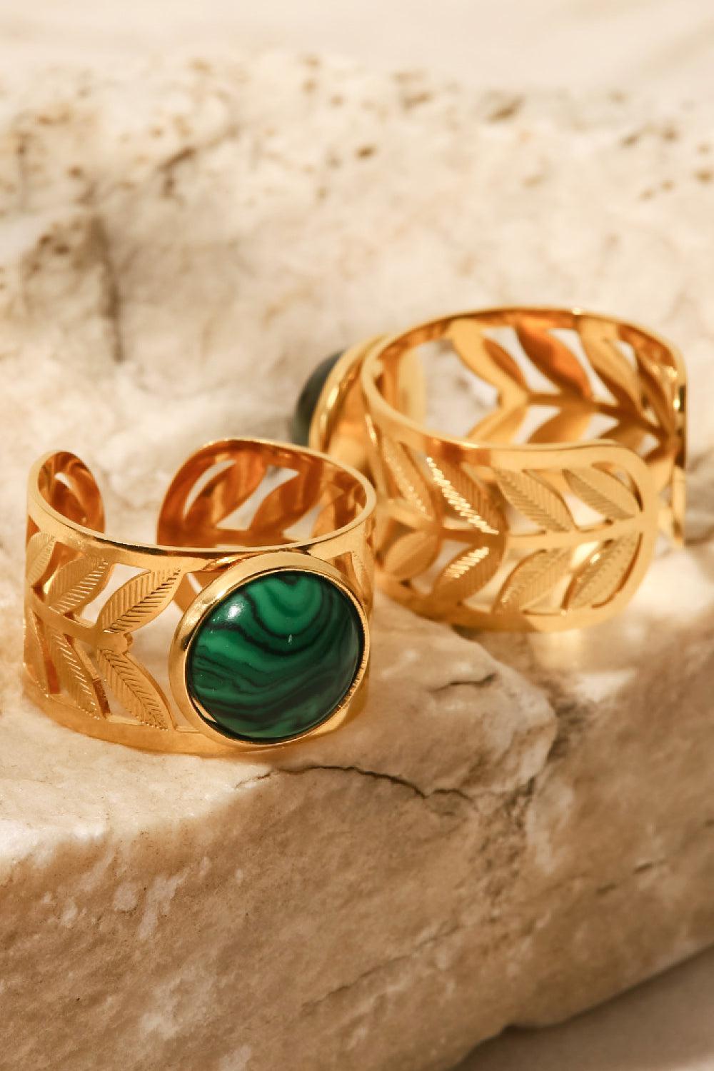 18k Gold Plated Malachite Leaf Ring-TOPS / DRESSES-[Adult]-[Female]-Malachite-One Size-2022 Online Blue Zone Planet