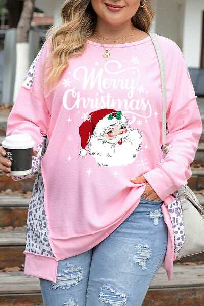 Blue Zone Planet |  Plus Size Santa Leopard Dropped Shoulder Sweatshirt BLUE ZONE PLANET