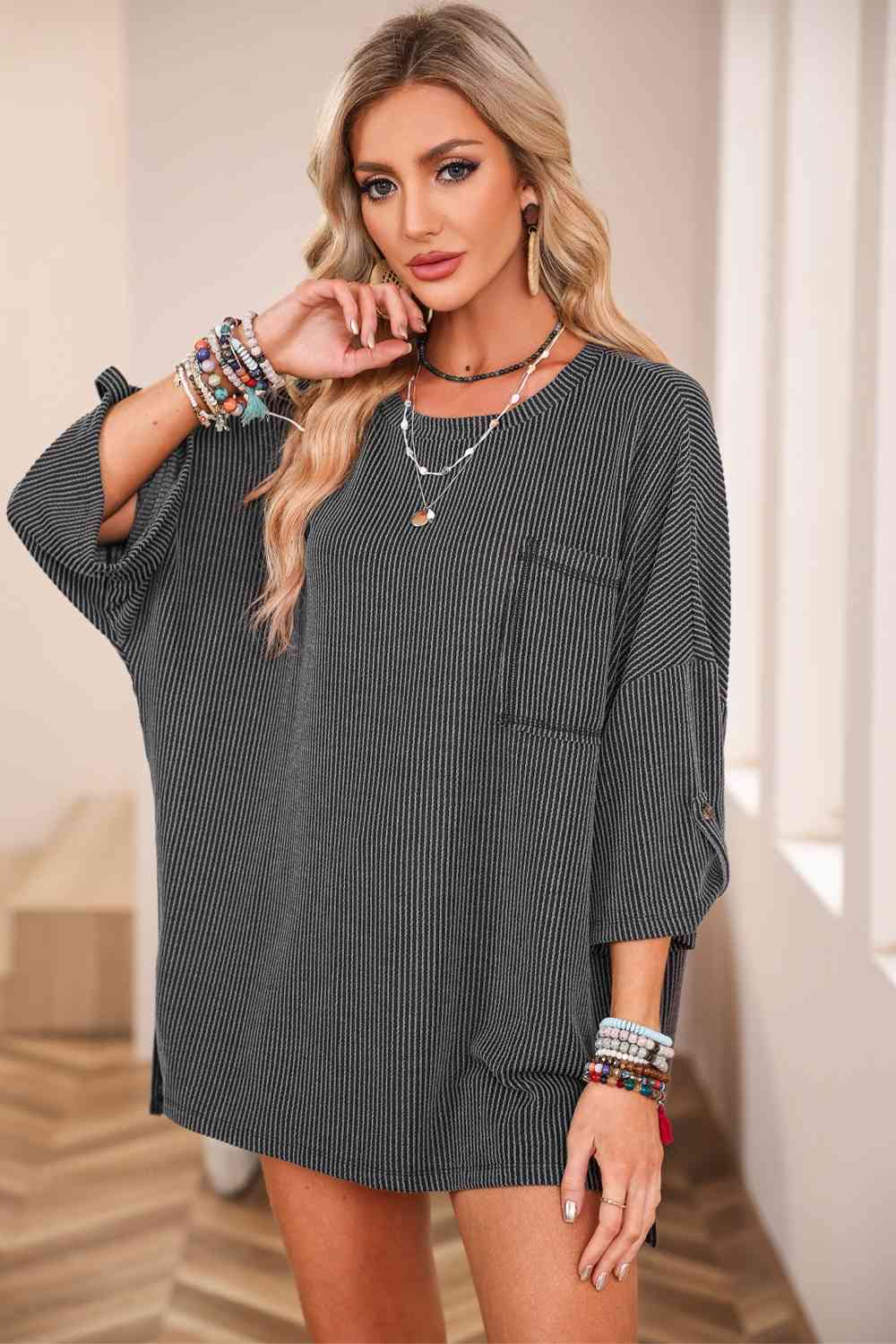 Round Neck Slit Roll-Tab Sleeve Oversize Top BLUE ZONE PLANET