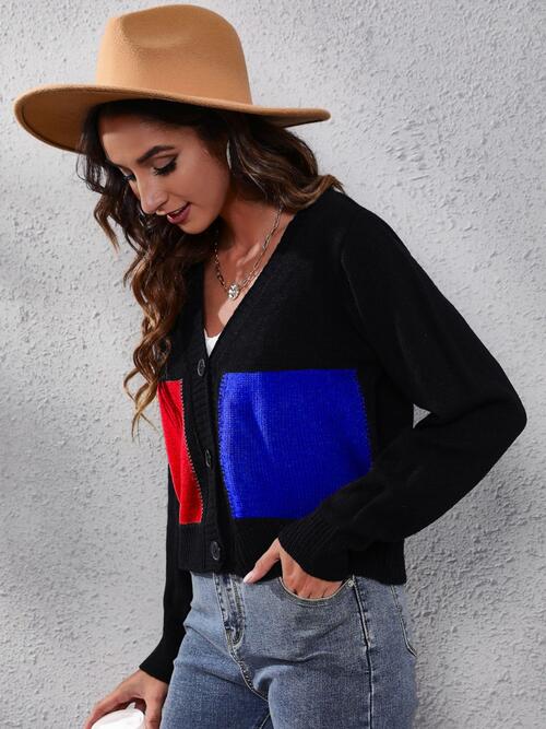 Color Block Button Up Long Sleeve Cardigan BLUE ZONE PLANET