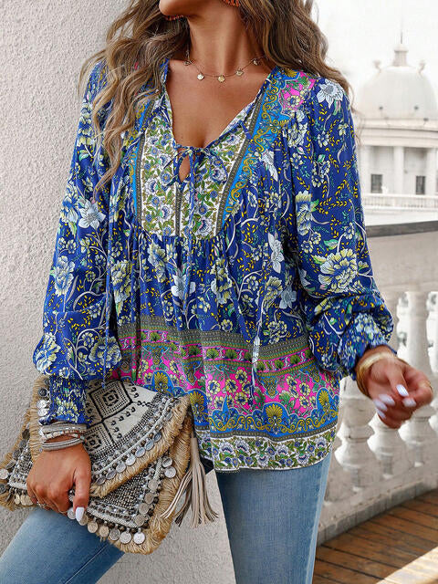 Bohemian Tie Neck Lantern Sleeve Blouse BLUE ZONE PLANET