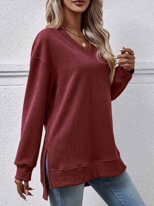 V-Neck Slit Long Sleeve Sweatshirt BLUE ZONE PLANET