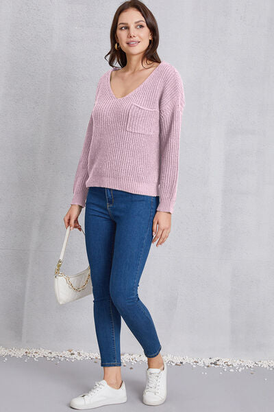 V-Neck Pocketed Dropped Shoulder Knit Top-TOPS / DRESSES-[Adult]-[Female]-2022 Online Blue Zone Planet