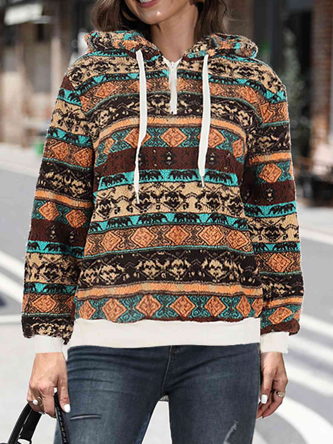 Printed Drawstring Long Sleeve Hoodie BLUE ZONE PLANET