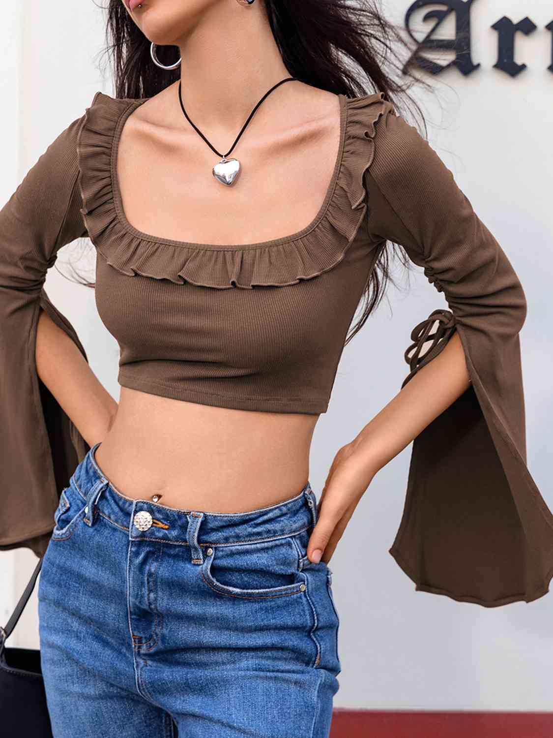 Open Bell Sleeve Square Neck Crop Top BLUE ZONE PLANET