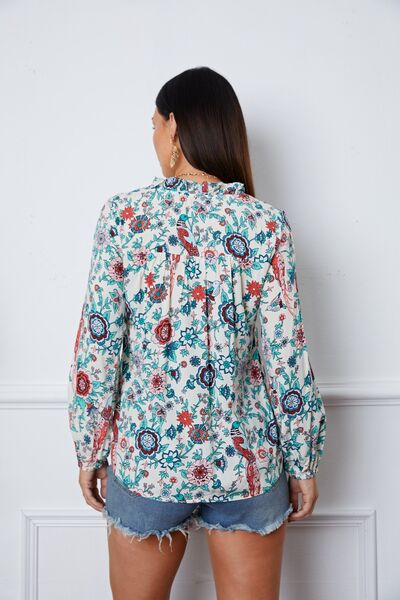 Floral Notched Long Sleeve Blouse BLUE ZONE PLANET