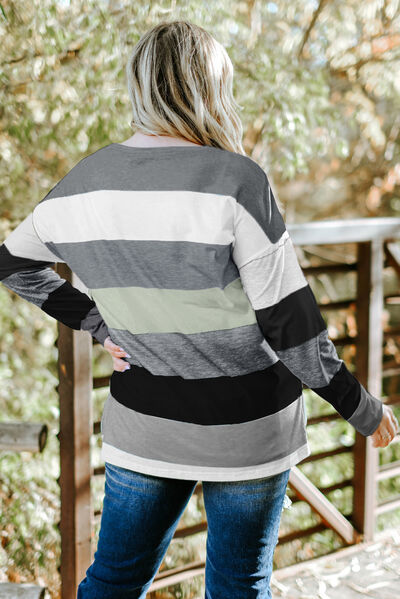 Plus Size Striped Slit Long Sleeve T-Shirt BLUE ZONE PLANET