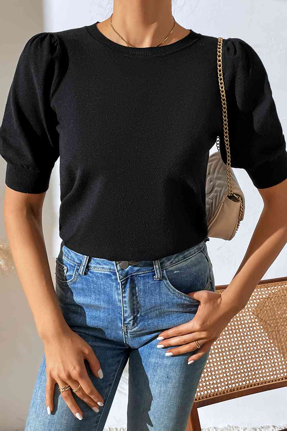 Round Neck Puff Sleeve Knit Top BLUE ZONE PLANET