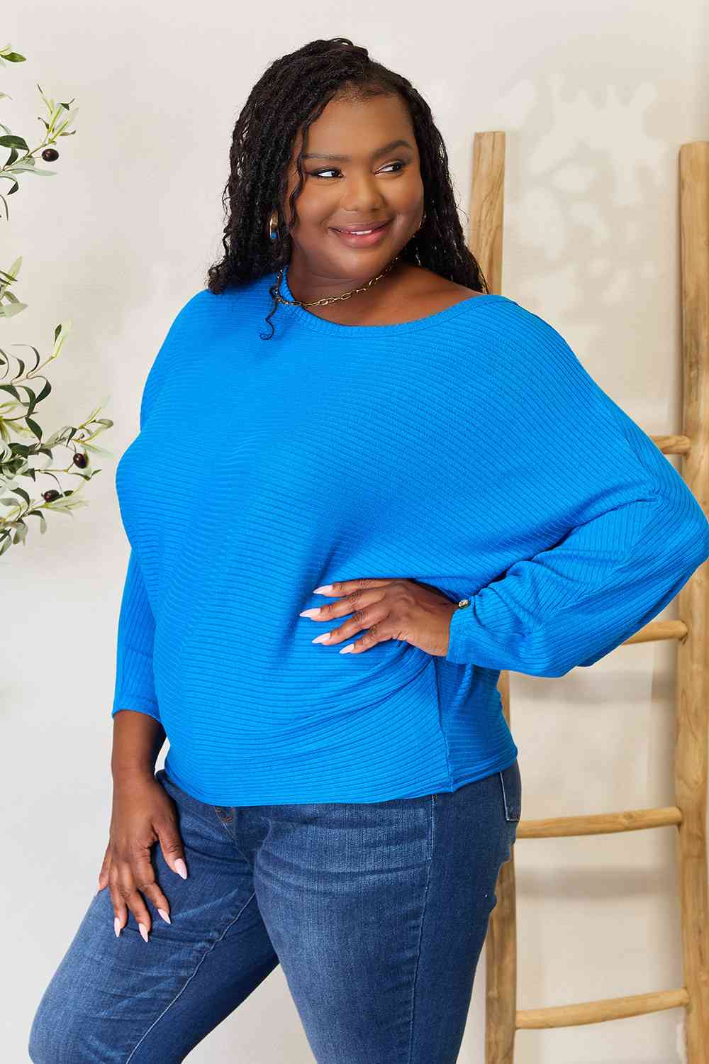 Zenana Full Size Round Neck Batwing Sleeve Blouse BLUE ZONE PLANET