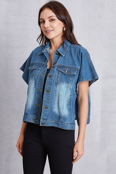 Pocketed Button Up Short Sleeve Denim Top-TOPS / DRESSES-[Adult]-[Female]-2022 Online Blue Zone Planet