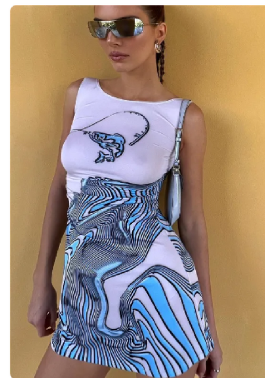Blue Zone Planet | Abstract Print Sleeveless Bodycon Dress-TOPS / DRESSES-[Adult]-[Female]-White-S-2022 Online Blue Zone Planet