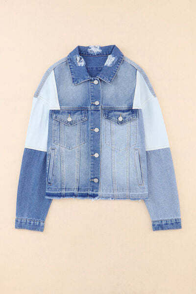 Color Block Distressed Button Up Denim Jacket BLUE ZONE PLANET