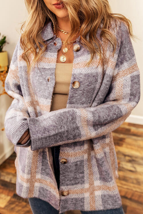 Button Up Plaid Long Sleeve Cardigan BLUE ZONE PLANET