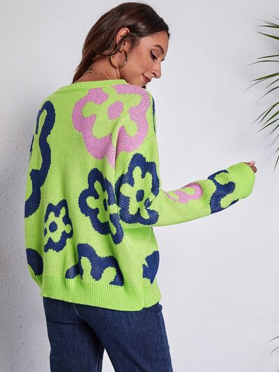 Flower Pattern Round Neck Long Sleeve Sweater BLUE ZONE PLANET