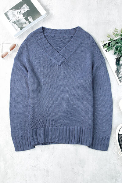 V-Neck Dropped Shoulder Sweater-TOPS / DRESSES-[Adult]-[Female]-Dusty Blue-S-2022 Online Blue Zone Planet