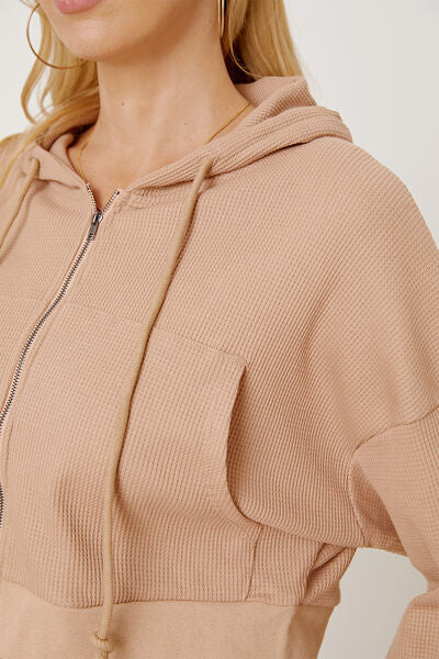 Waffle-Knit Drawstring Zip Up Hoodie Trendsi