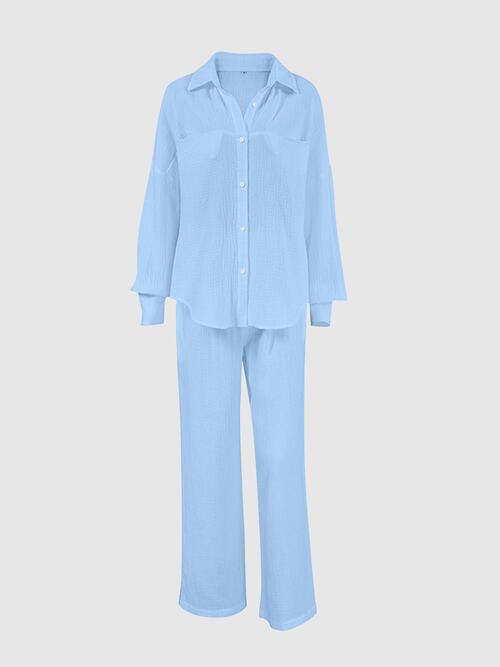 Texture Button Up Long Sleeve Shirt and Pants Set BLUE ZONE PLANET