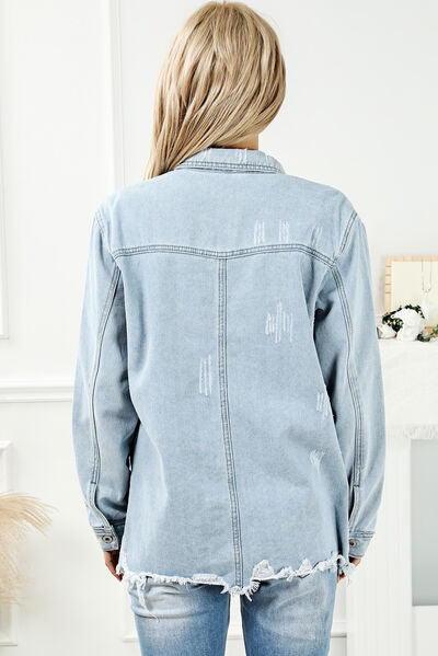 Distressed Button Up Frayed Hem Denim Jacket BLUE ZONE PLANET