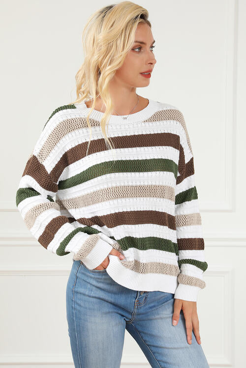 Striped Openwork Dropped Shoulder Sweater BLUE ZONE PLANET