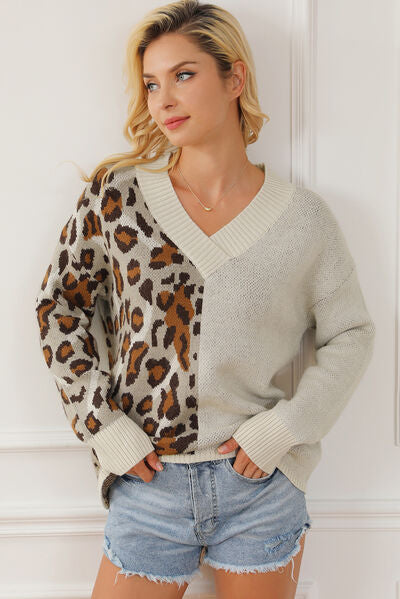 Leopard V-Neck Dropped Shoulder Sweater-TOPS / DRESSES-[Adult]-[Female]-2022 Online Blue Zone Planet