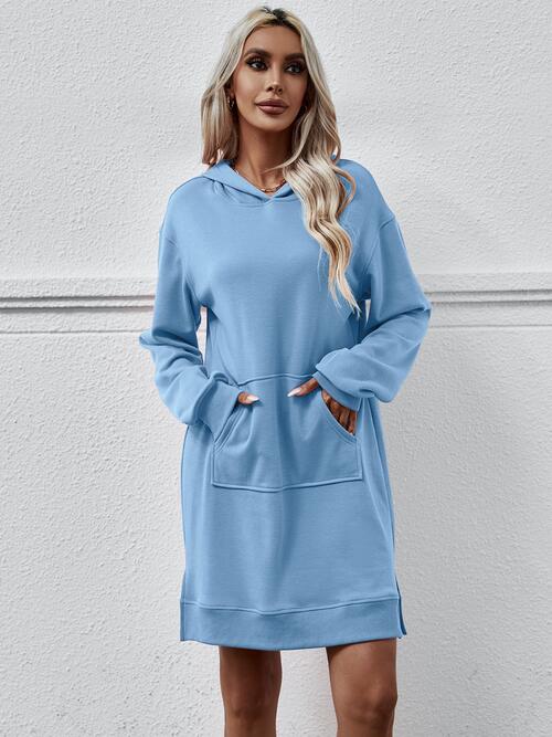 Slit Long Sleeve Hooded Dress with Pocket BLUE ZONE PLANET