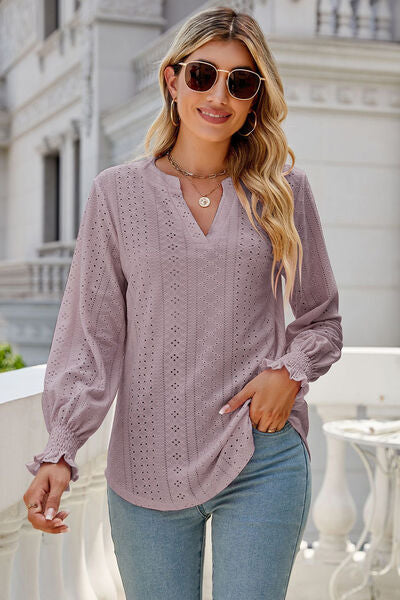 Eyelet Notched Lantern Sleeve T-Shirt Trendsi