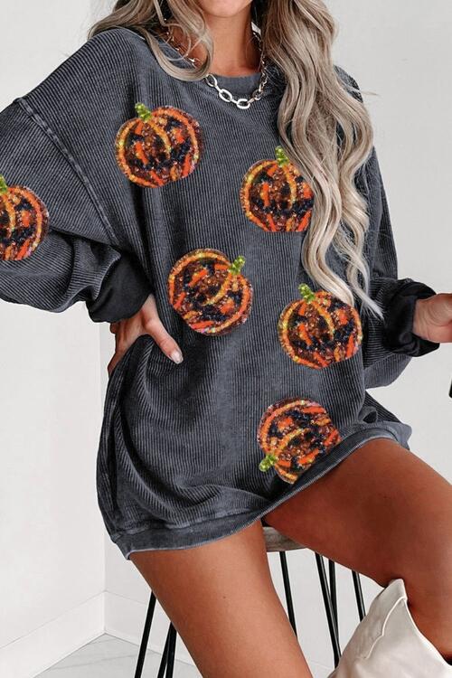 Sequin Patch Pumpkin Round Neck Sweatshirt BLUE ZONE PLANET