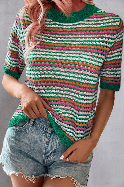 Openwork Striped Short Sleeve Knit Top BLUE ZONE PLANET