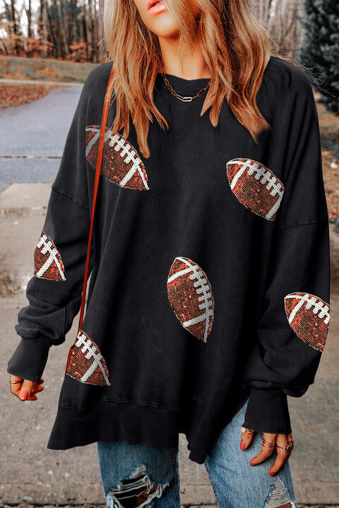 Blue Zone Planet |  Sequin Football Patch Slit Sweatshirt BLUE ZONE PLANET