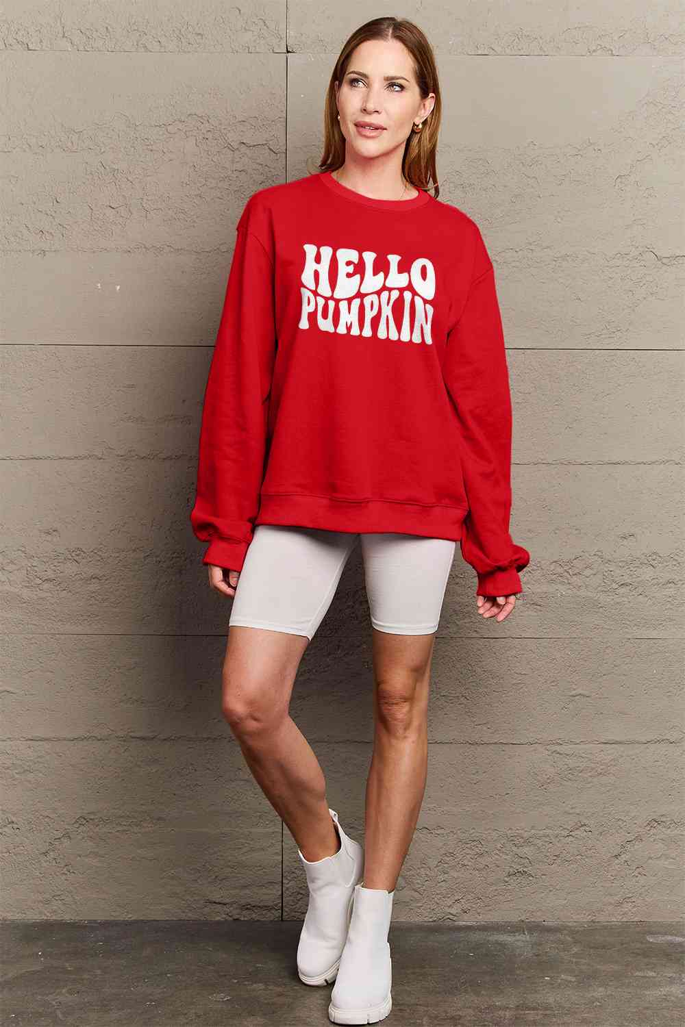 Simply Love Full Size HELLO PUMPKIN Graphic Sweatshirt BLUE ZONE PLANET