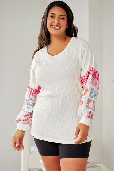 Plus Size Flower Pattern Round Neck Long Sleeve T-Shirt BLUE ZONE PLANET