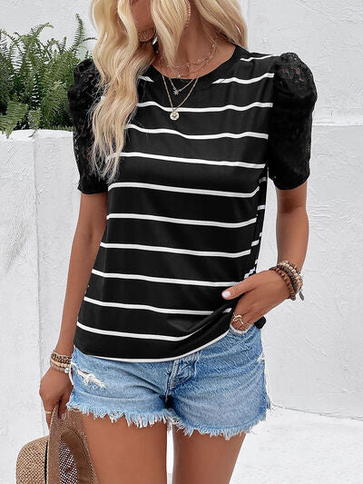 Striped Lace Detail Short Sleeve T-Shirt Trendsi