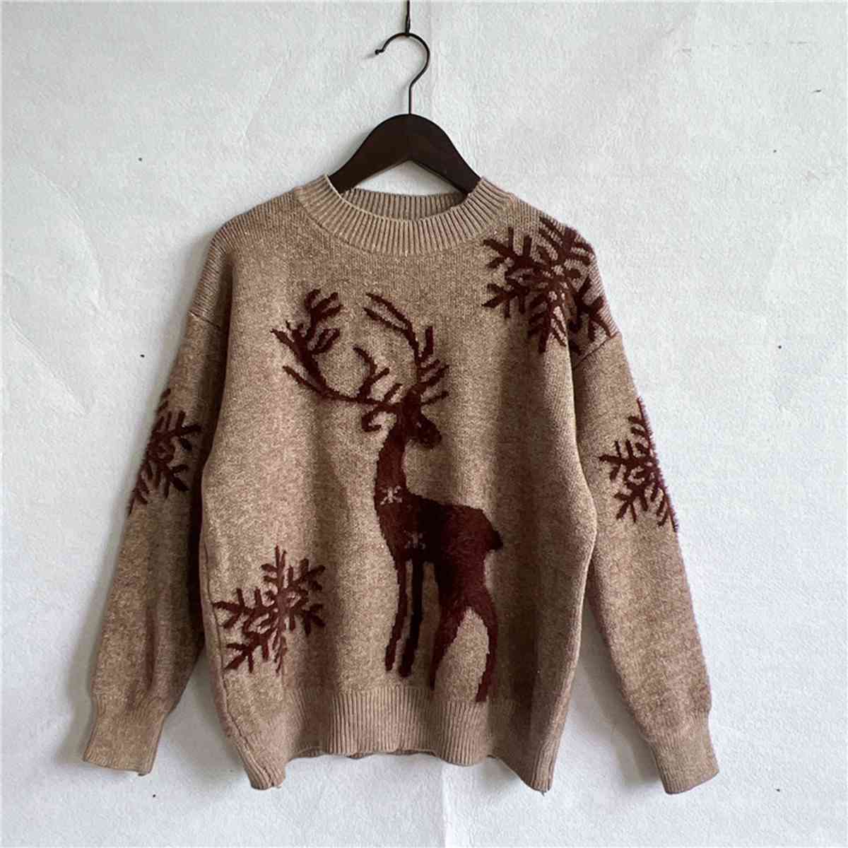 Reindeer and Snowflake Pattern Sweater BLUE ZONE PLANET