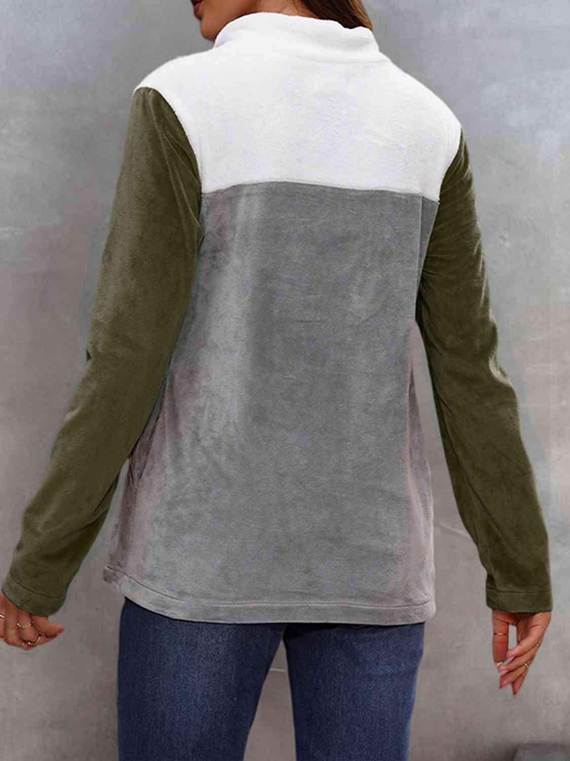 Color Block Collared Sweatshirt with Pockets BLUE ZONE PLANET