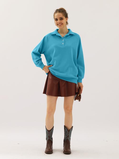 Ninexis Full Size Quarter-Button Collared Sweatshirt BLUE ZONE PLANET