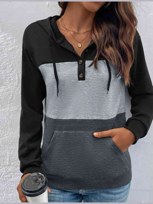Color Block Drawstring Hoodie with Pocket BLUE ZONE PLANET