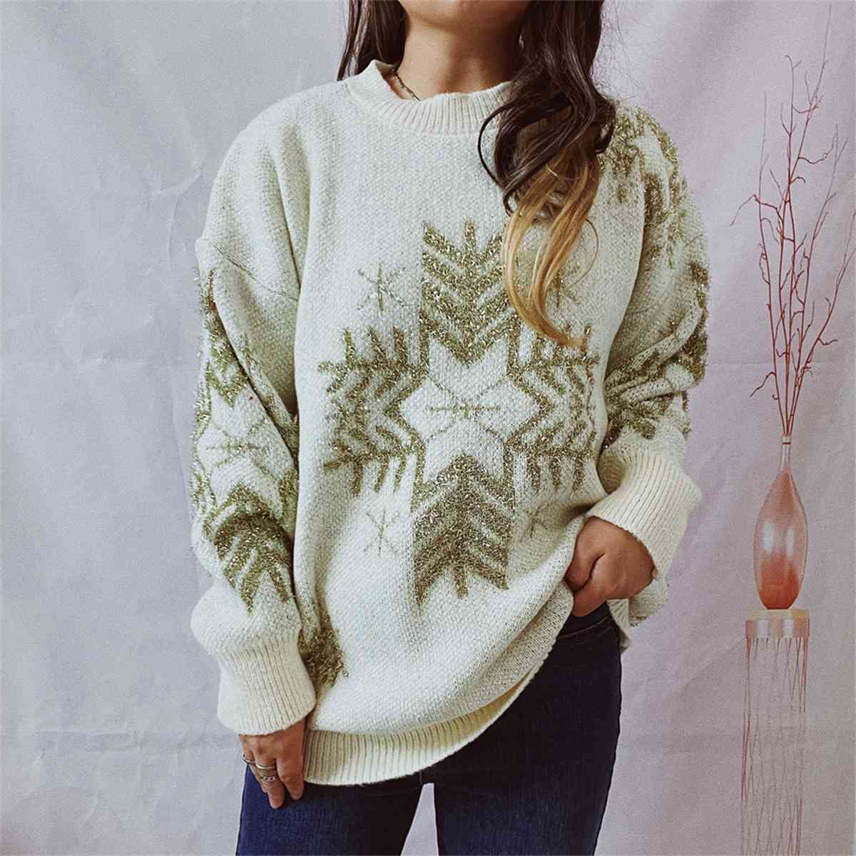 Snowflake Pattern Long Sleeve Sweater BLUE ZONE PLANET