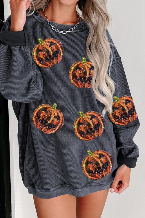 Sequin Patch Pumpkin Round Neck Sweatshirt BLUE ZONE PLANET