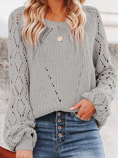 Openwork Round Neck Lantern Sleeve Sweater-TOPS / DRESSES-[Adult]-[Female]-Heather Gray-S-2022 Online Blue Zone Planet