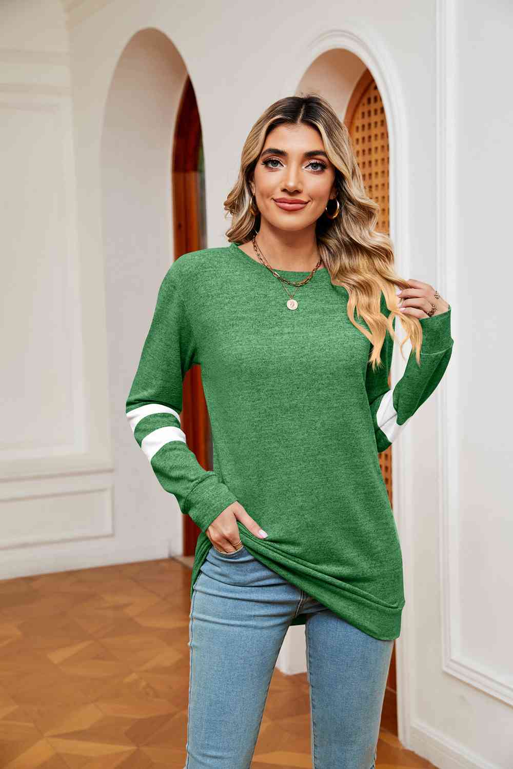 Round Neck Long Sleeve Top BLUE ZONE PLANET