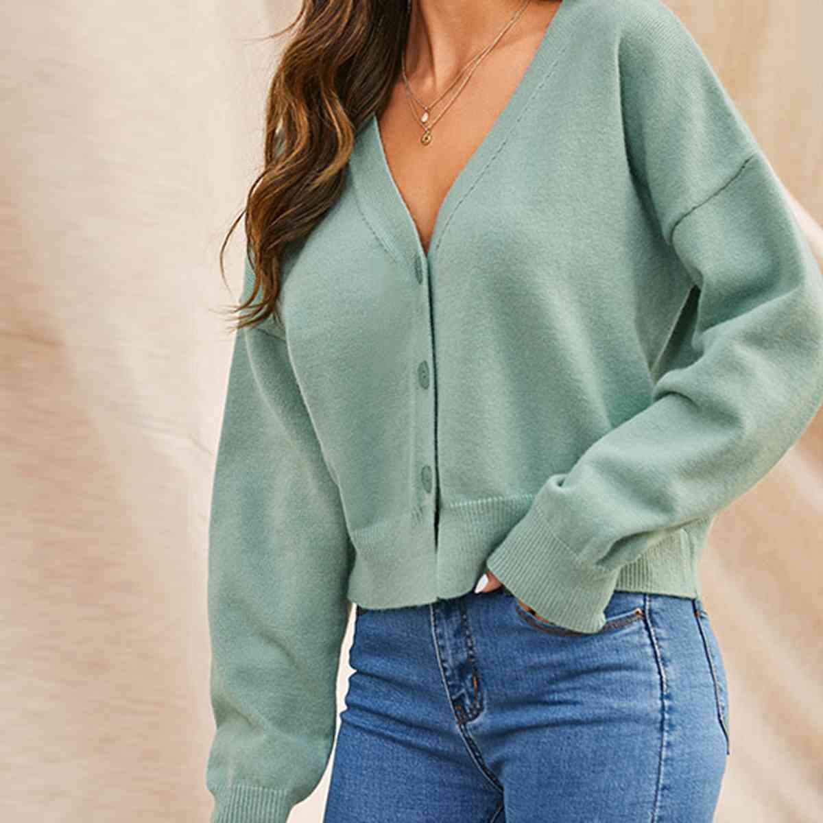 V-Neck Button Up Long Sleeve Cardigan BLUE ZONE PLANET