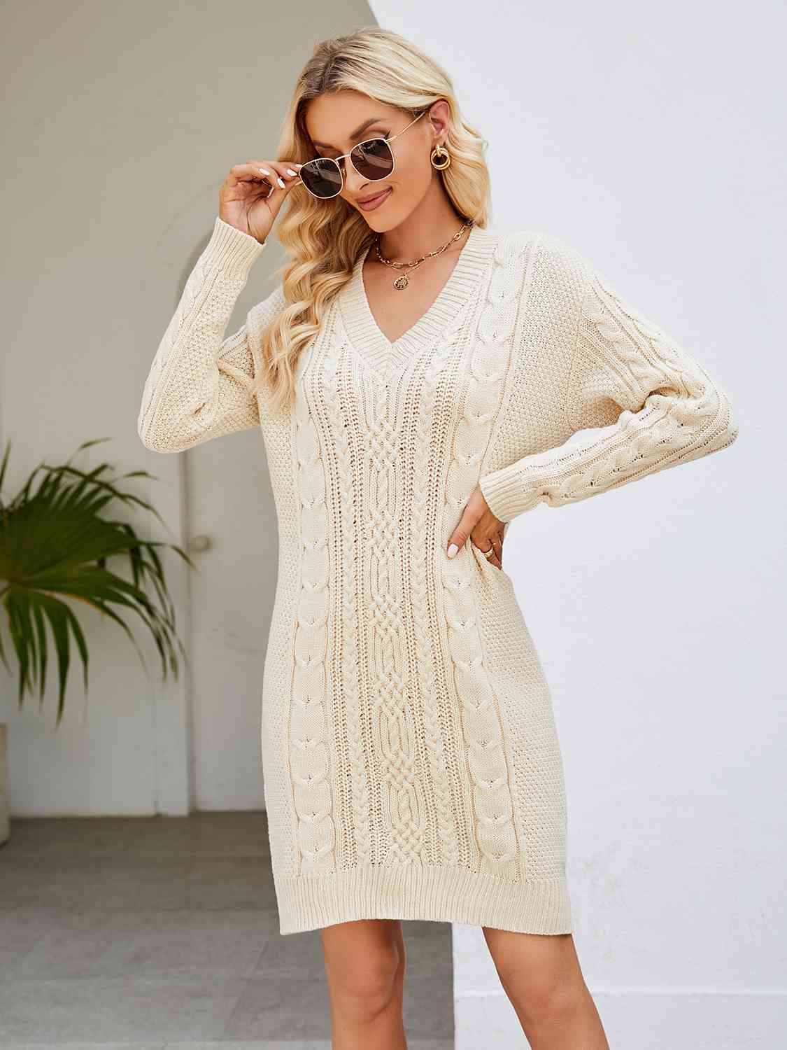 Cable-Knit V-Neck Mini Sweater Dress BLUE ZONE PLANET