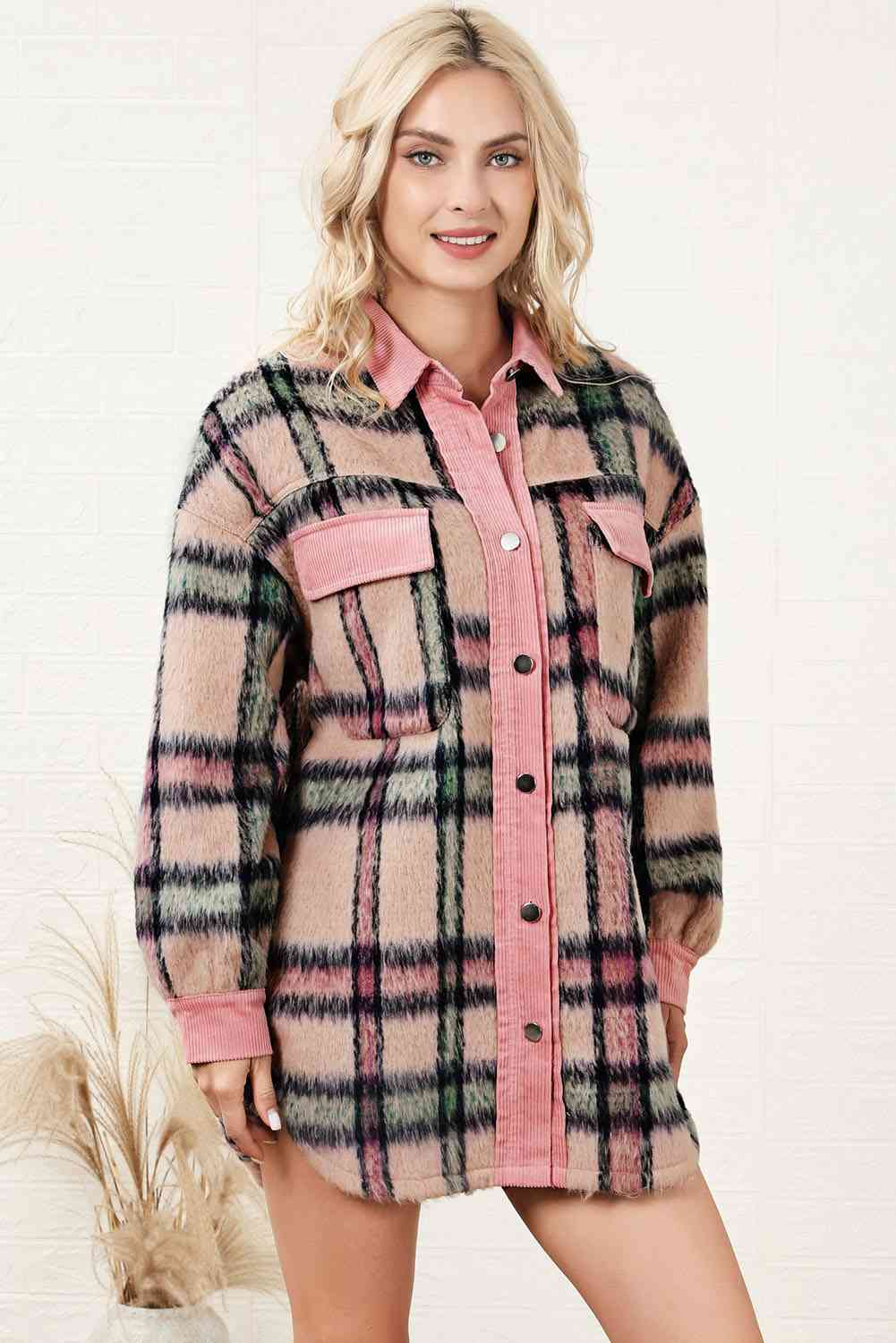 Plaid Button Down Drop Shoulder Jacket BLUE ZONE PLANET