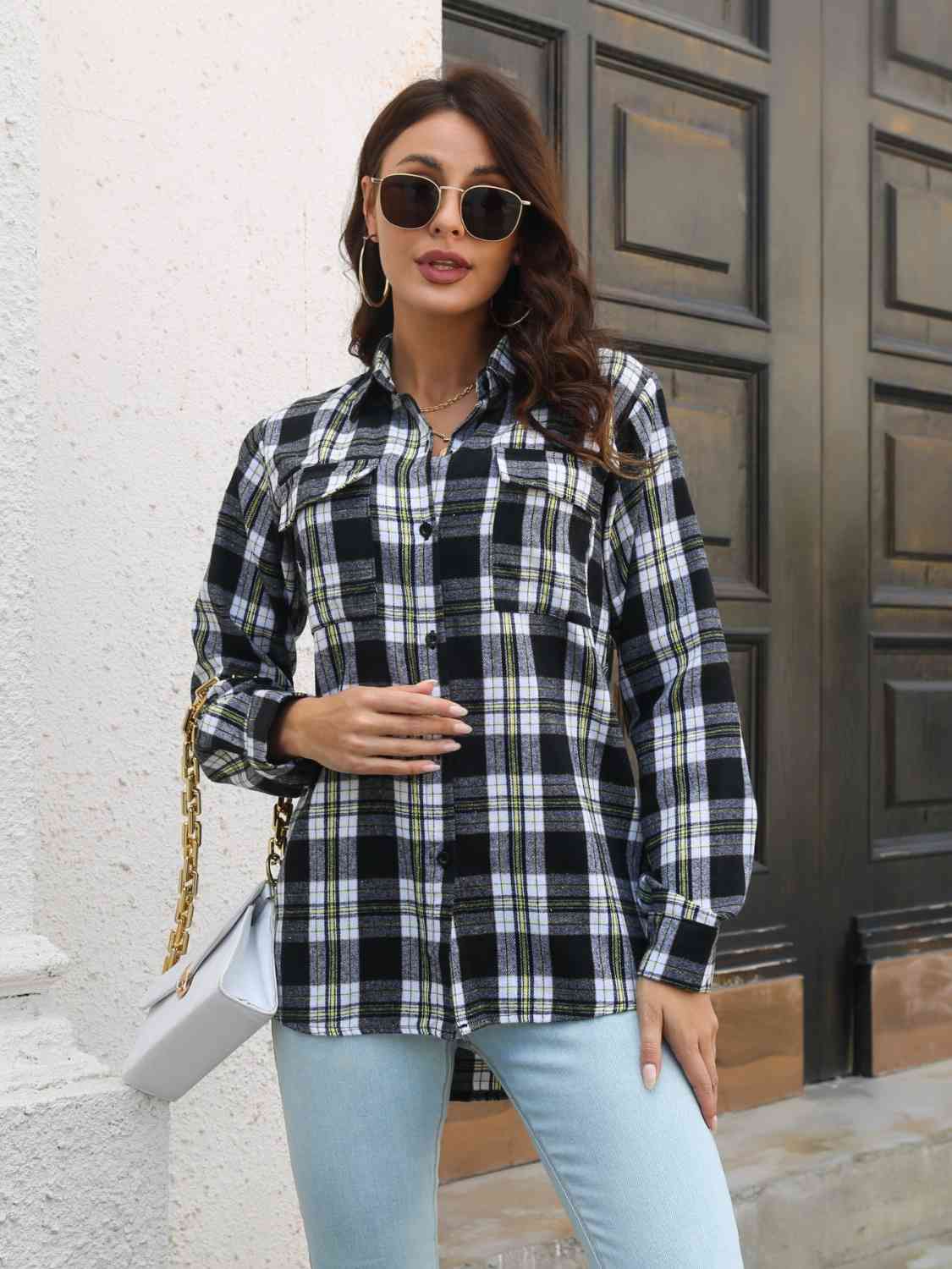Plaid Collared Neck Buttoned Shirt with Pockets BLUE ZONE PLANET