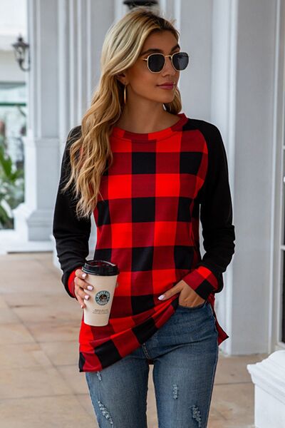 Plaid Round Neck Long Sleeve T-Shirt-TOPS / DRESSES-[Adult]-[Female]-2022 Online Blue Zone Planet