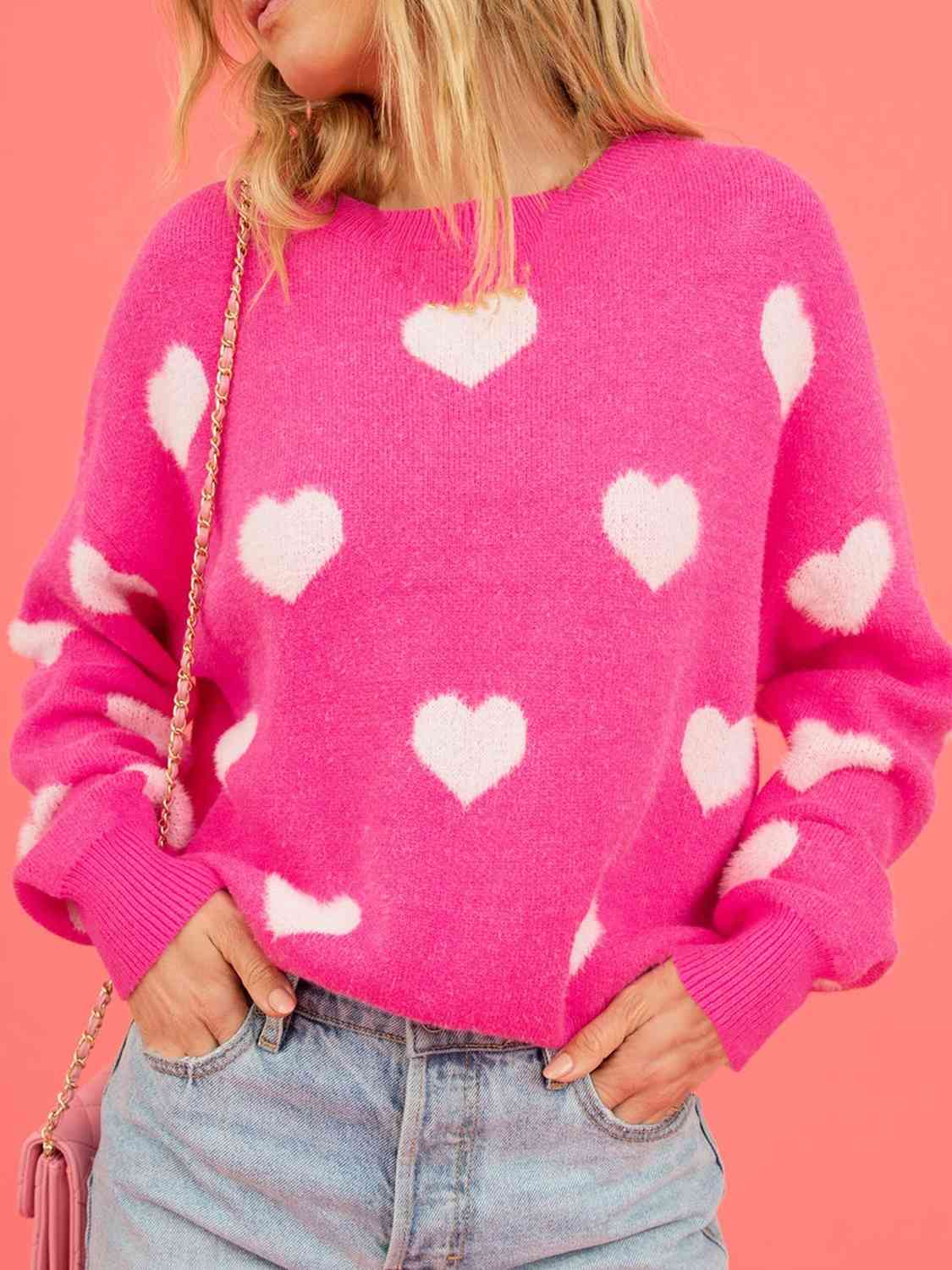 Heart Round Neck Drop Shoulder Sweater BLUE ZONE PLANET