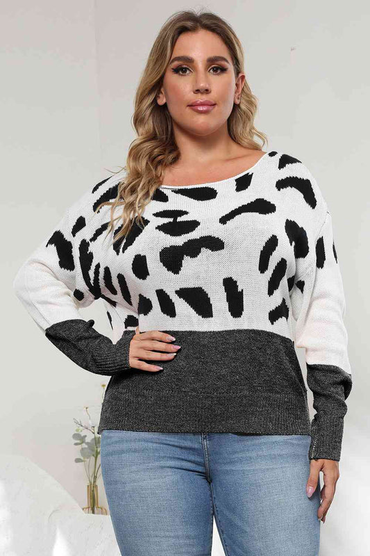 Plus Size Leopard Round Neck Long Sleeve Sweater BLUE ZONE PLANET