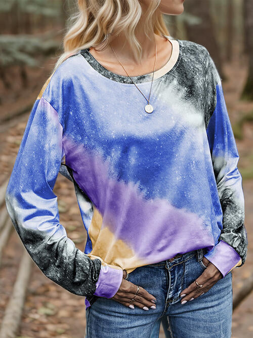 Printed Round Neck Long Sleeve T-Shirt BLUE ZONE PLANET