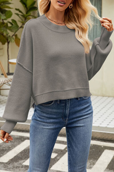 Blue Zone Planet |  Round Neck Dropped Shoulder Sweater BLUE ZONE PLANET