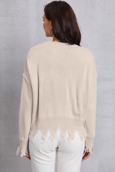 Lip Fringe Round Neck Sweater-TOPS / DRESSES-[Adult]-[Female]-2022 Online Blue Zone Planet